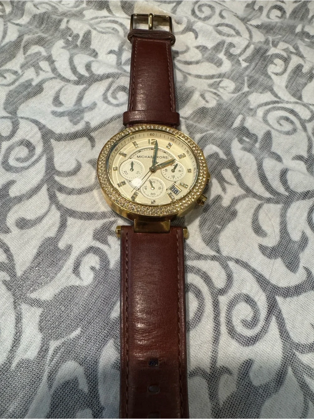 Michael Kors Gold-Tone Crystal Bezel Watch with Brown Leather Strap